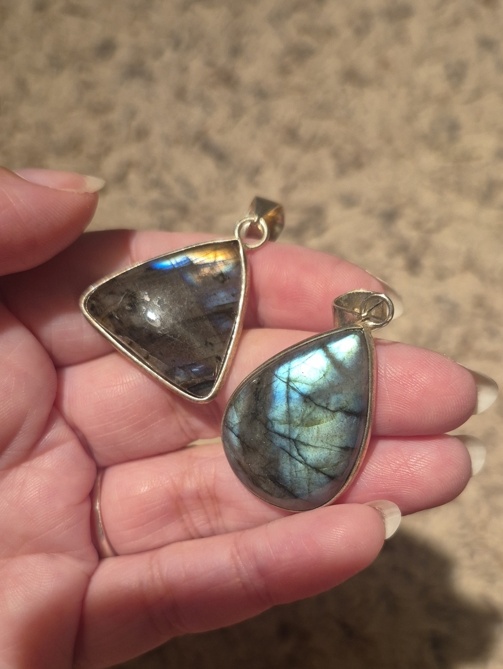 Labradorite Teardrop and Triangle Sterling Silver Pendants - Blue-Green Flash